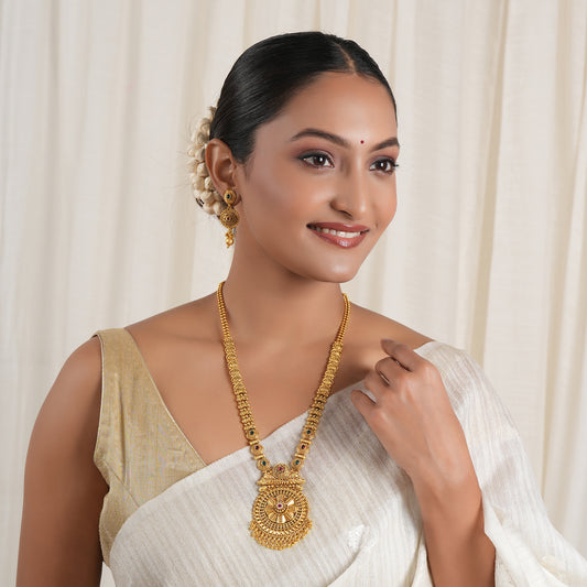 Long antique gold multicolor stone necklace set