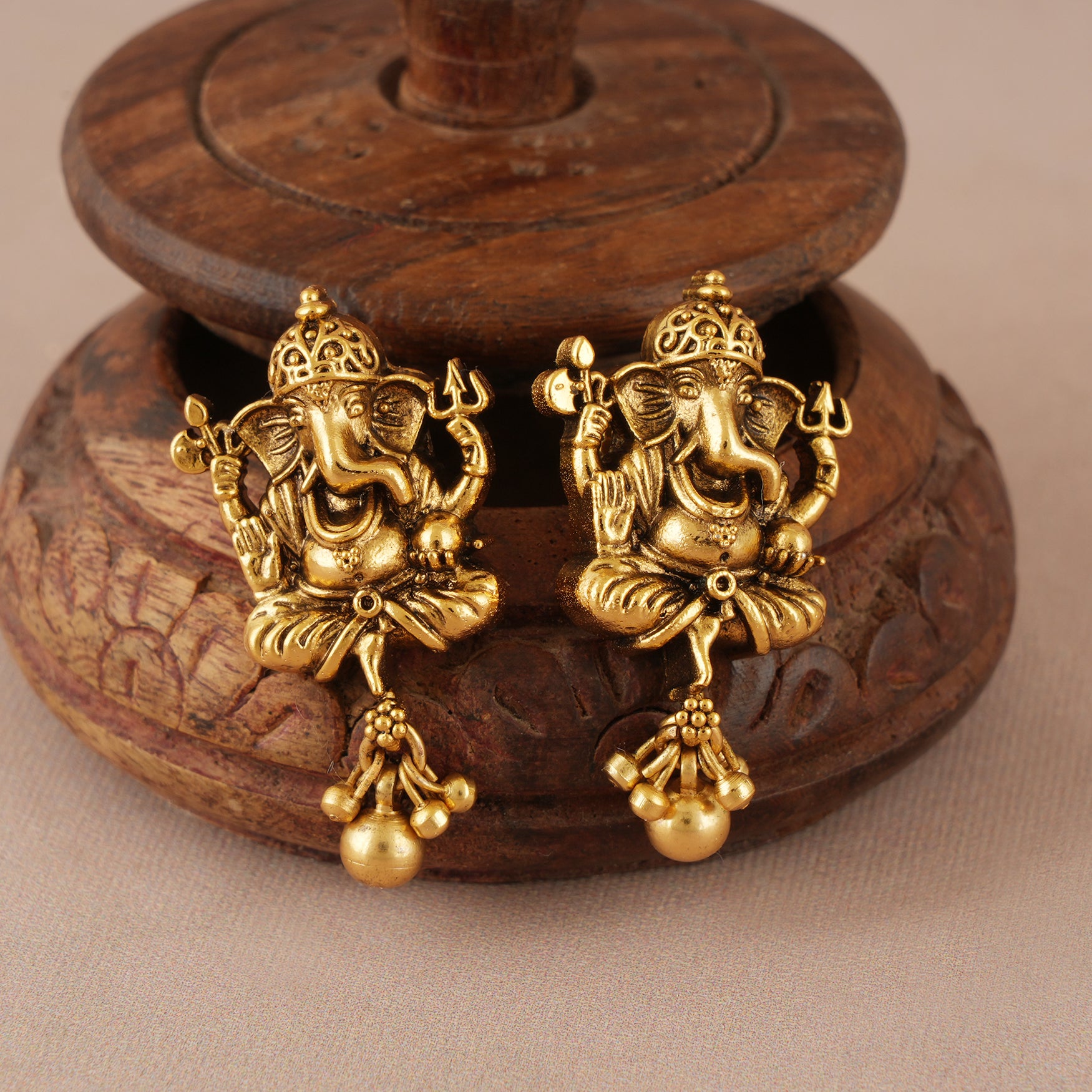 Stunning plain antique gold lord ganesha earring I Temple Jewellery