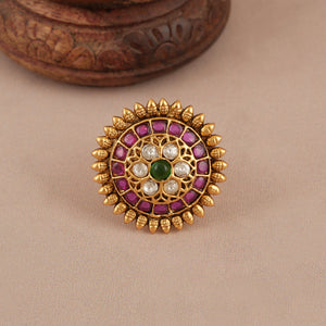 Beautiful floral stone studded gold adjustable ring