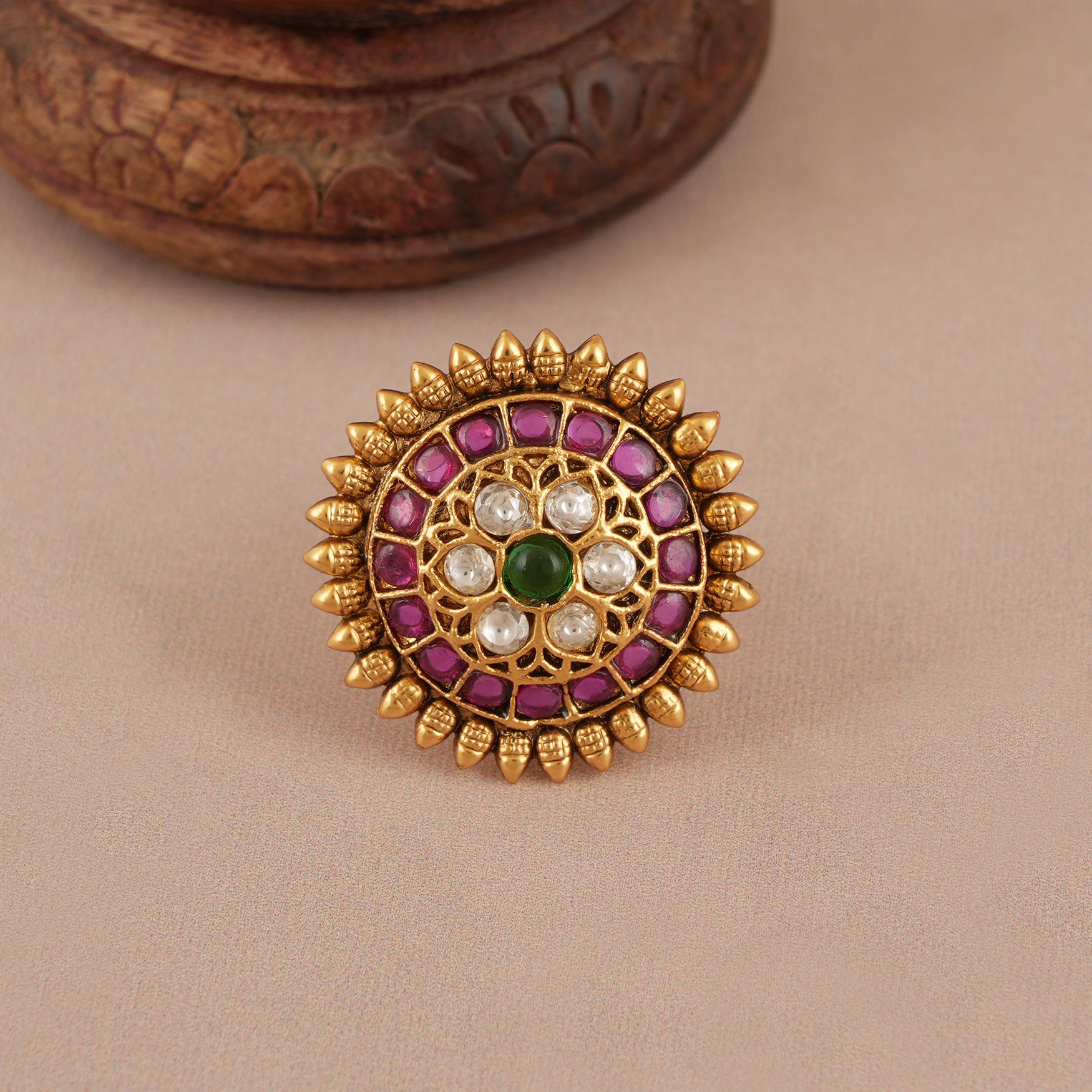 Beautiful floral stone studded gold adjustable ring