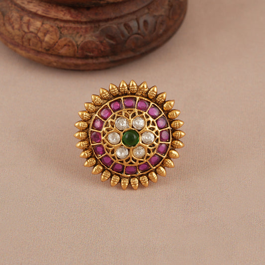 Beautiful floral stone studded gold adjustable ring