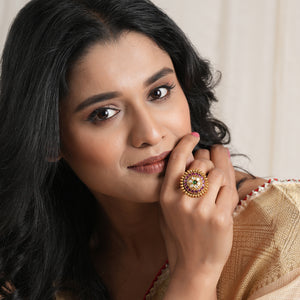 Beautiful floral stone studded gold adjustable ring