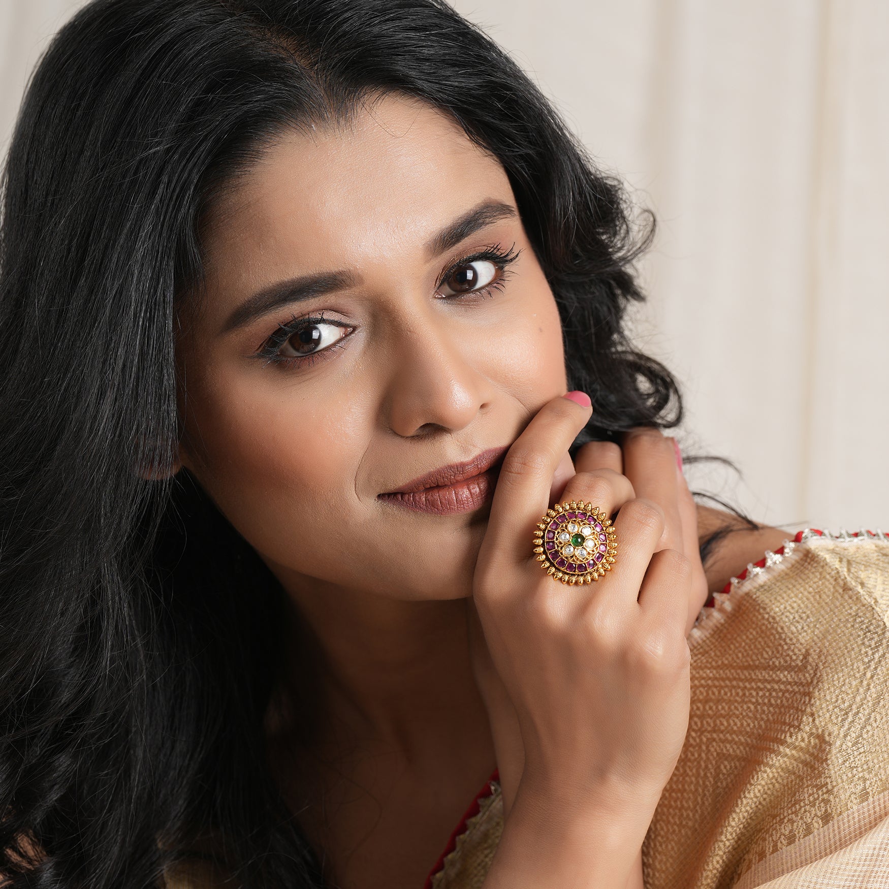 Beautiful floral stone studded gold adjustable ring