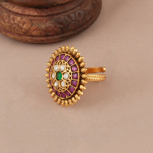 Beautiful floral stone studded gold adjustable ring