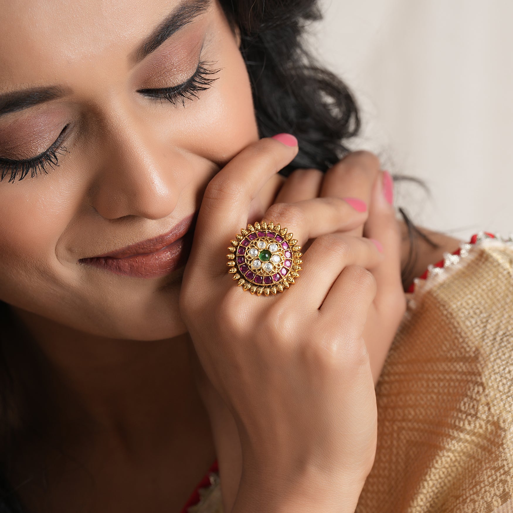 Beautiful floral stone studded gold adjustable ring