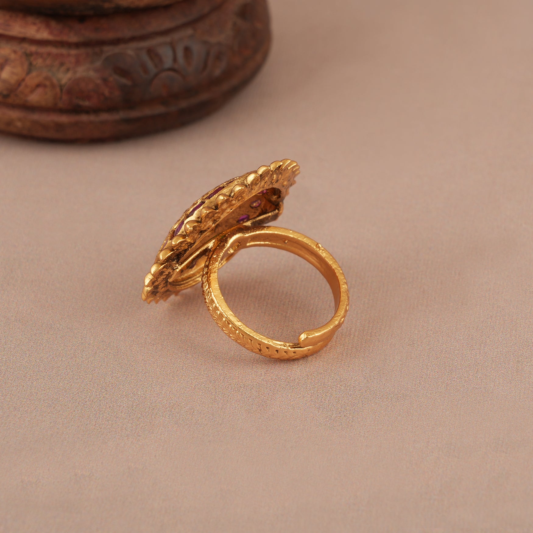 Beautiful floral stone studded gold adjustable ring