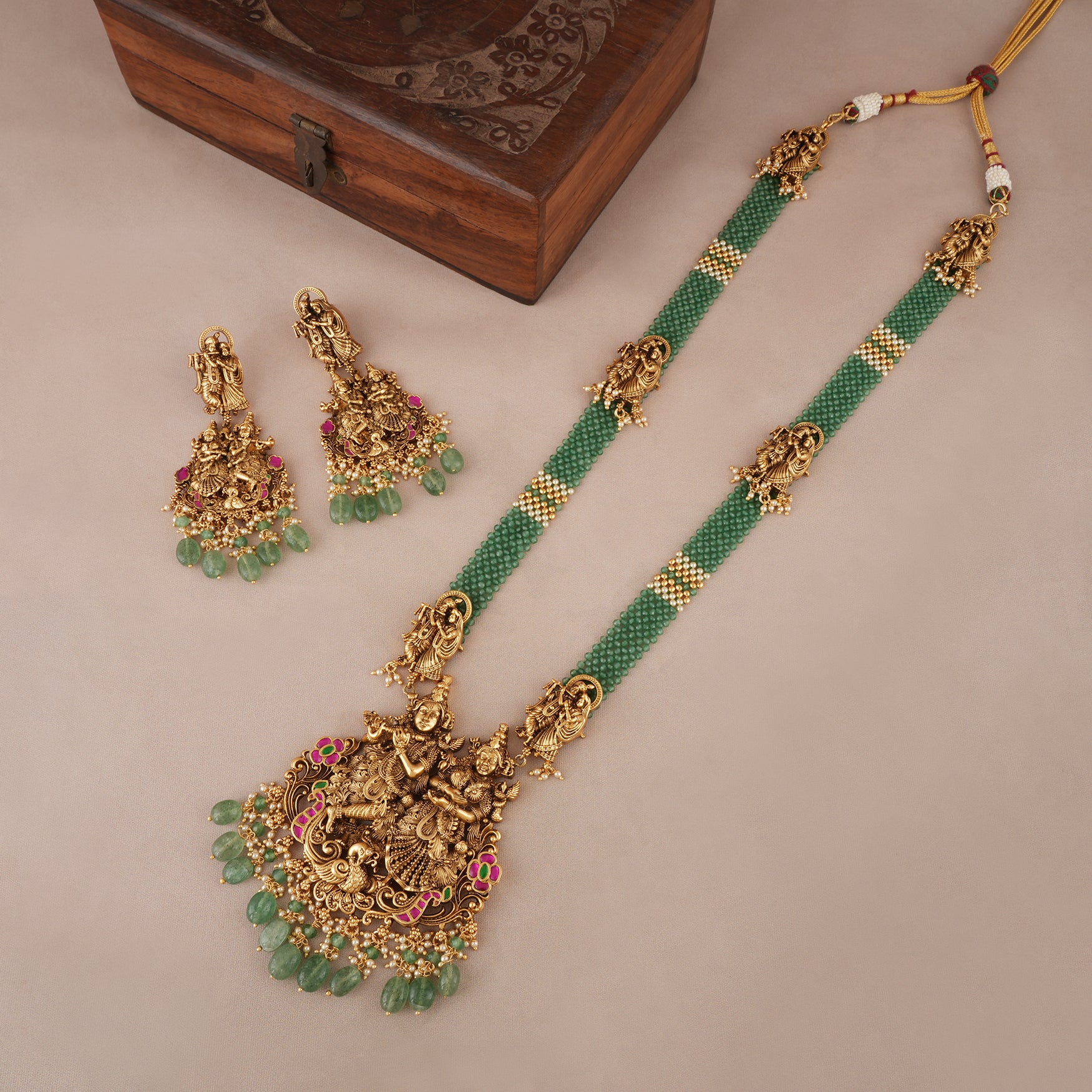Long antique gold radha krishna necklace set
