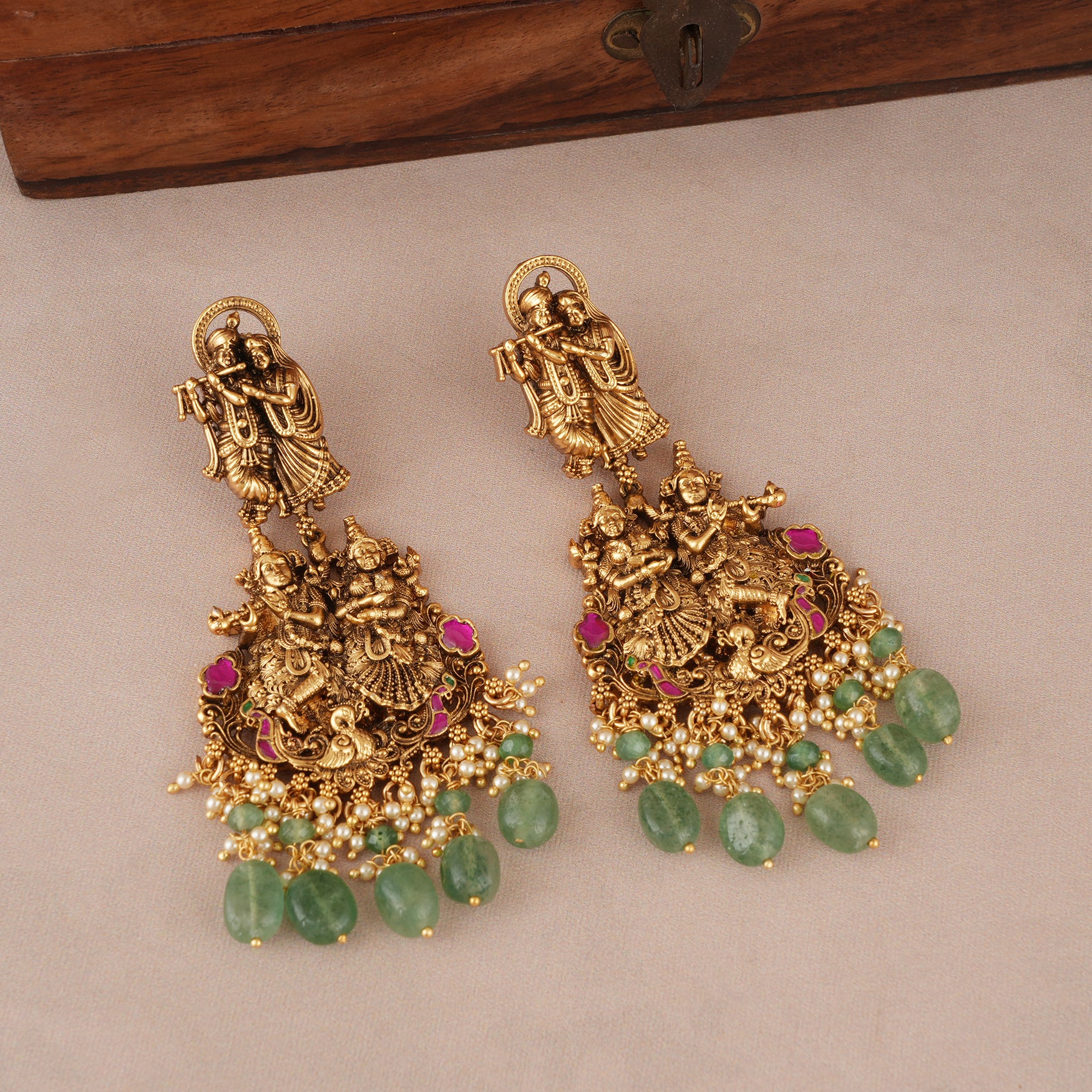 Long antique gold radha krishna necklace set