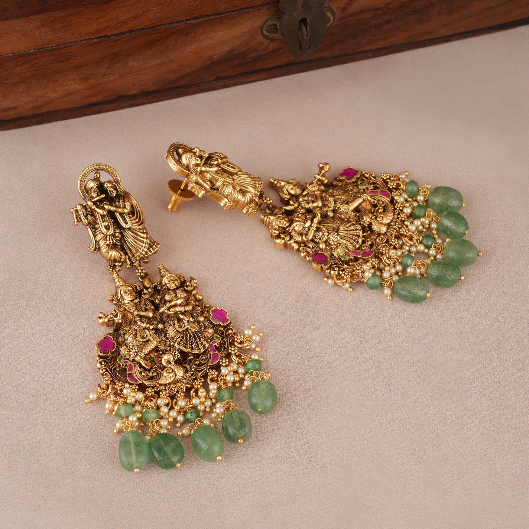 Long antique gold radha krishna necklace set