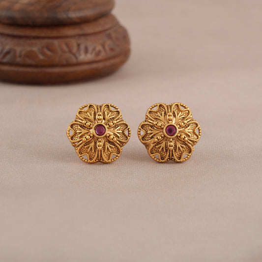 Floral stone stud gold plated earring