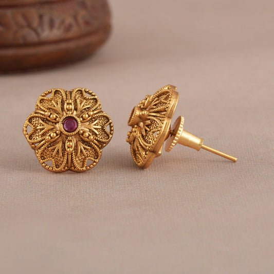 Floral stone stud gold plated earring