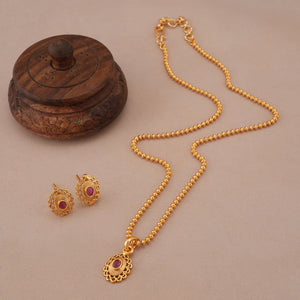 Cute oval ruby gold plated pendant set