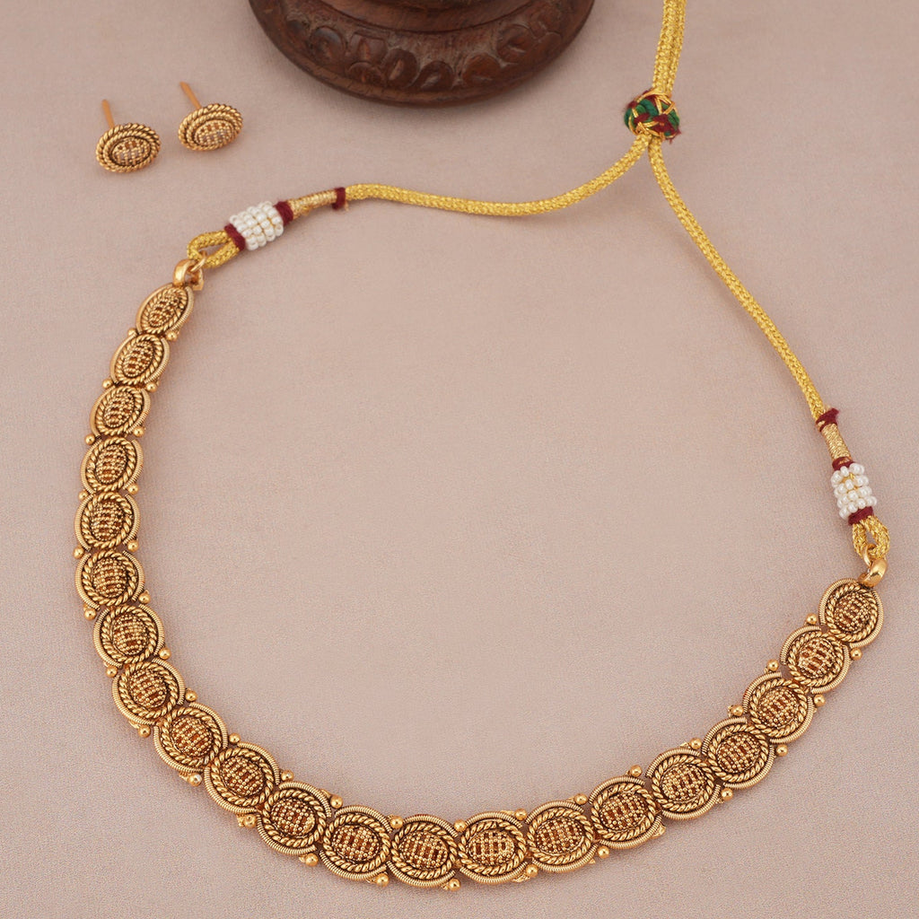 Cute oval plain antique gold necklace set