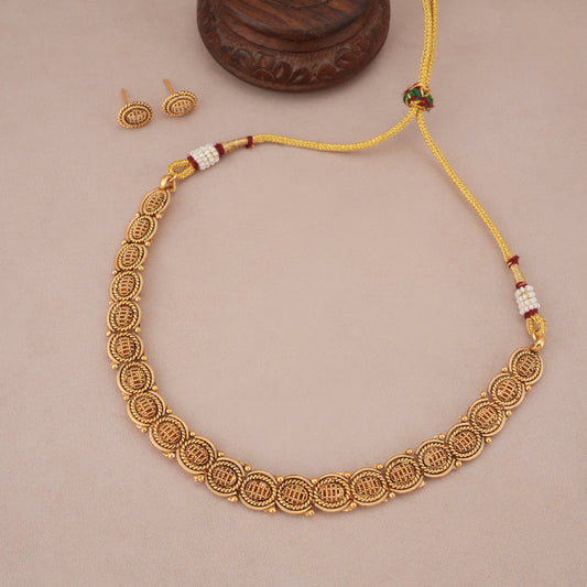 Cute oval plain antique gold necklace set