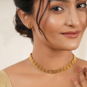 Cute oval plain antique gold necklace set