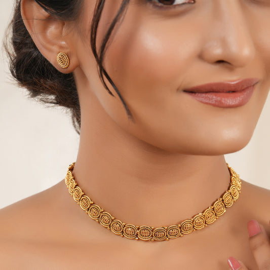 Cute oval plain antique gold necklace set