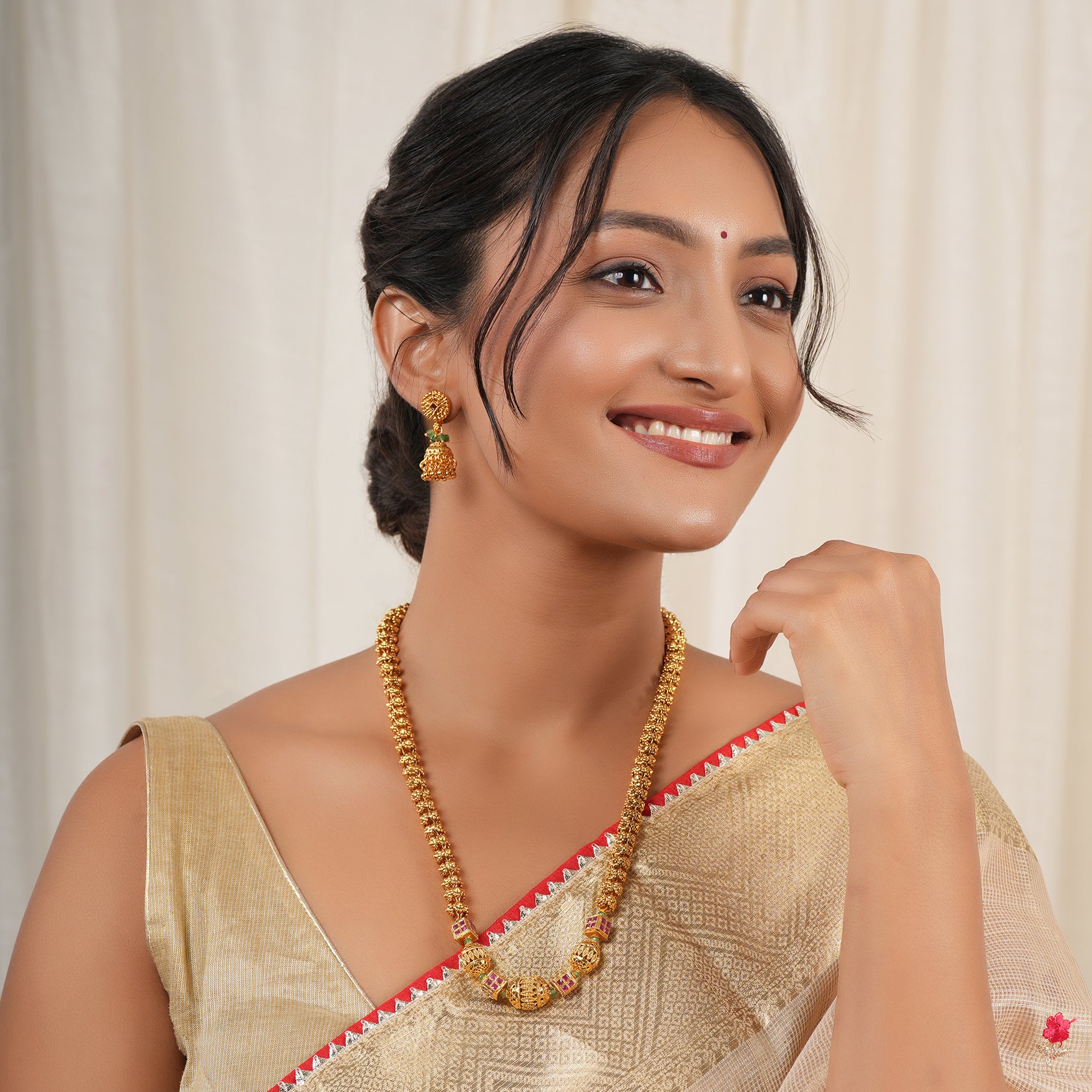 Stunning long antique gold stone matar mala necklace set