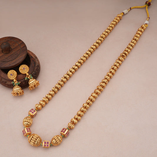 Stunning long antique gold stone matar mala necklace set
