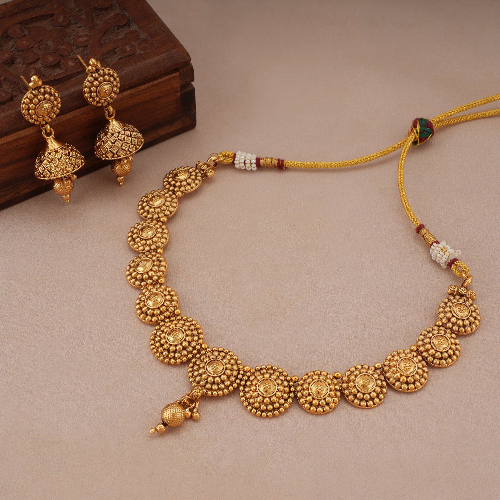 Plain round ball antique gold necklace set