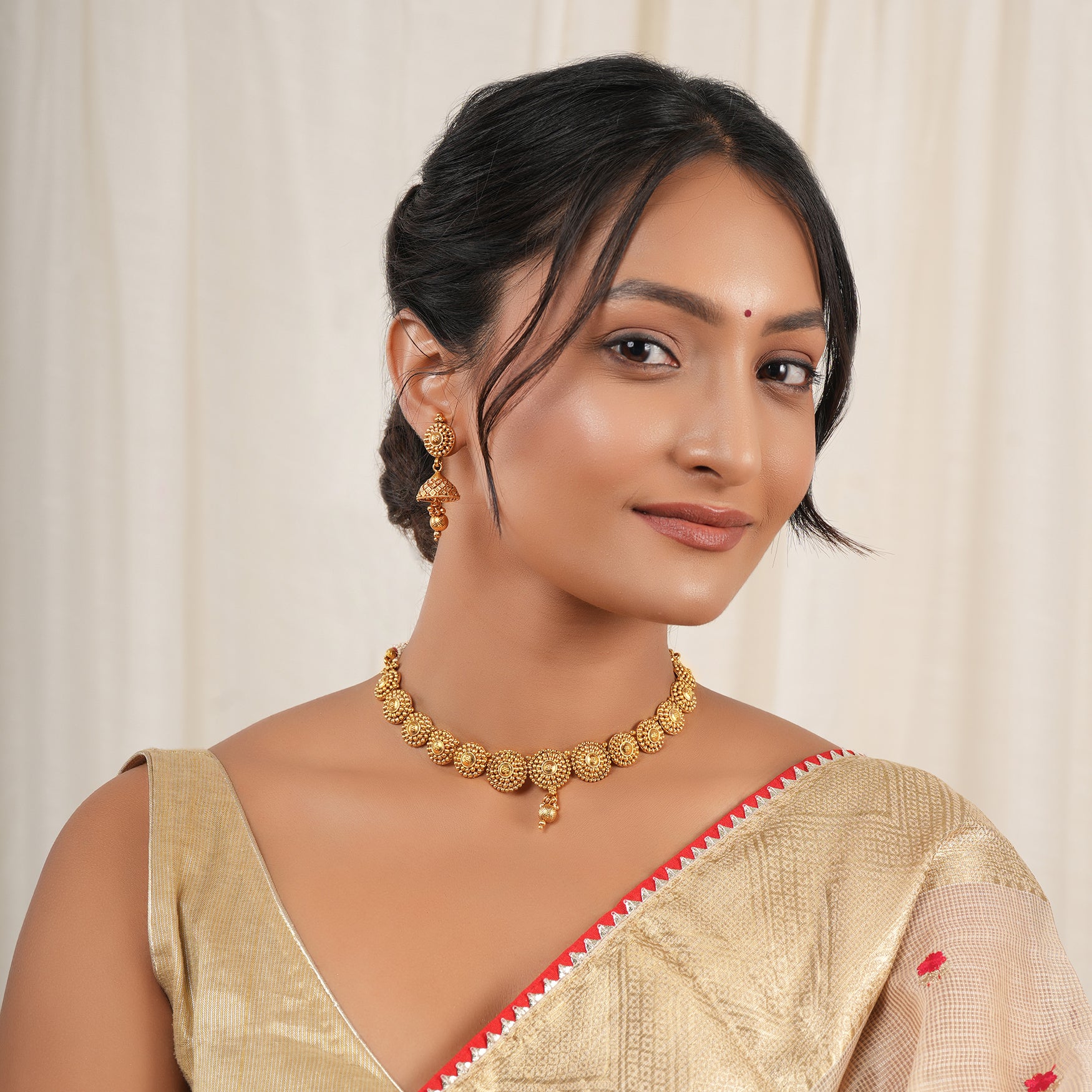 Plain round ball antique gold necklace set