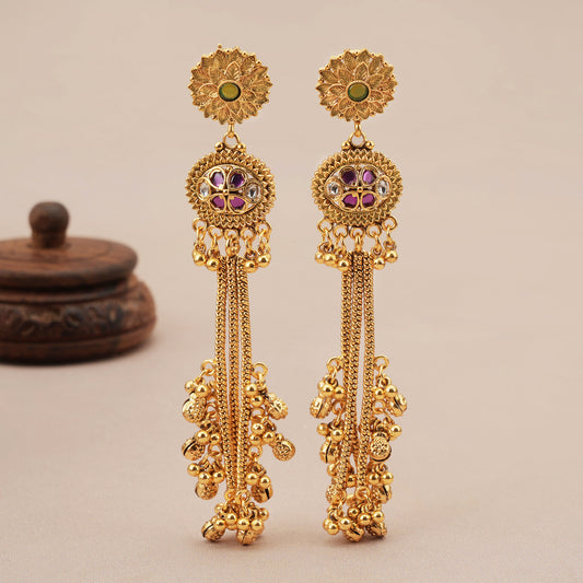 Stunning long antique gold ruby ghungroo earring