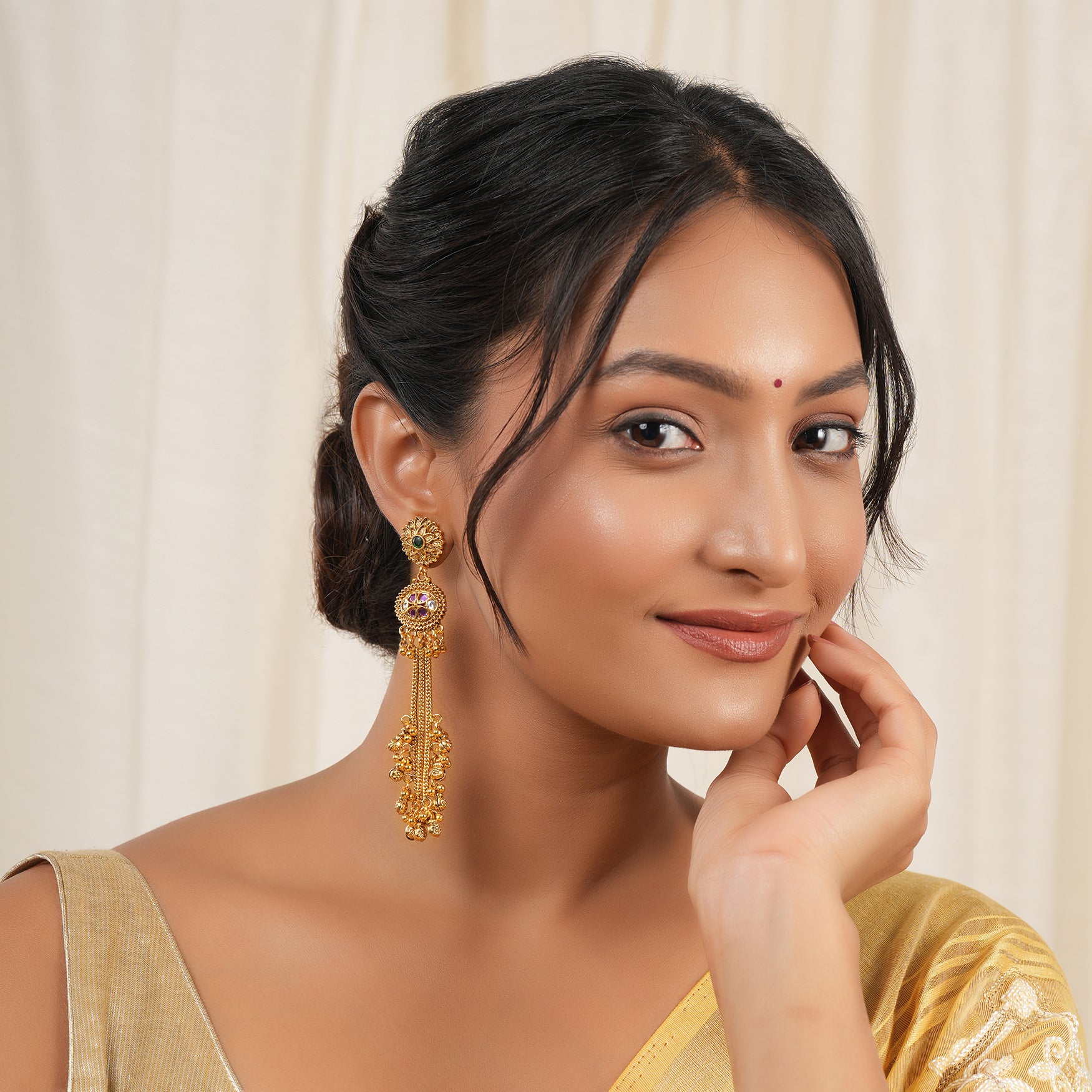 Stunning long antique gold ruby ghungroo earring