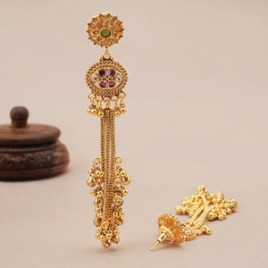 Stunning long antique gold ruby ghungroo earring
