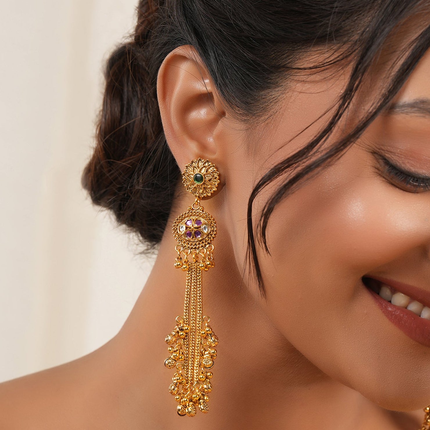 Stunning long antique gold ruby ghungroo earring