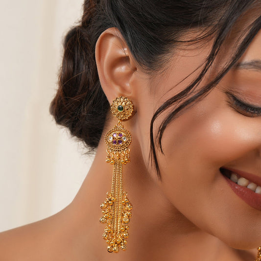 Stunning long antique gold ruby ghungroo earring