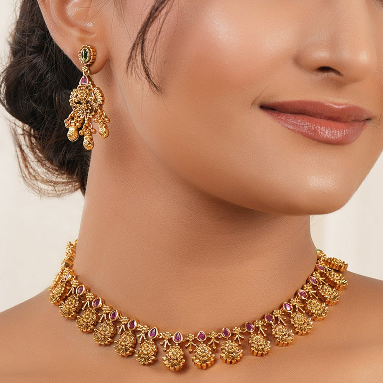 Stunning antique gold ruby floral necklace set