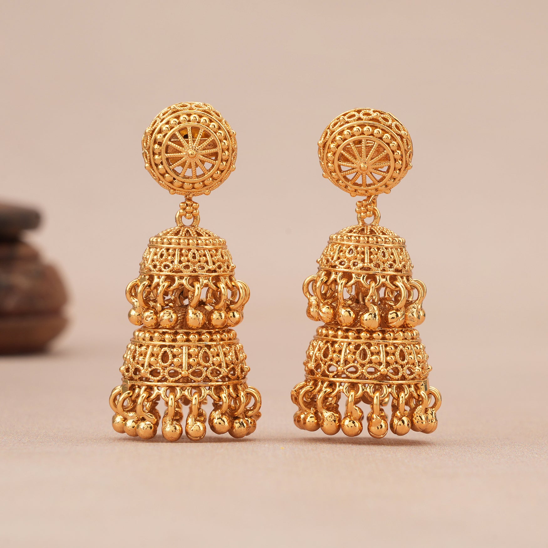 Stunning two layer gold jhumka earring