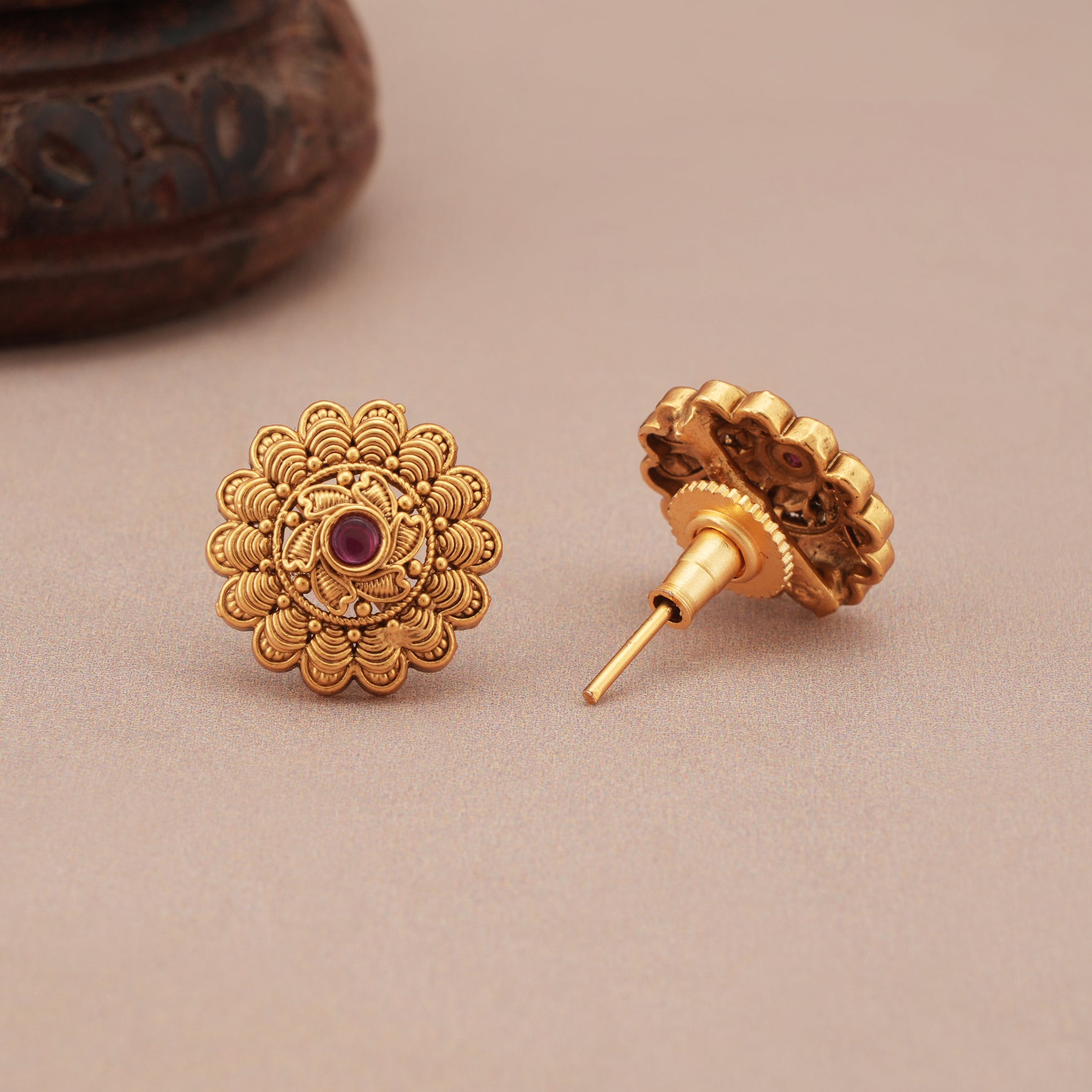 Stunning cute ruby antique gold stud