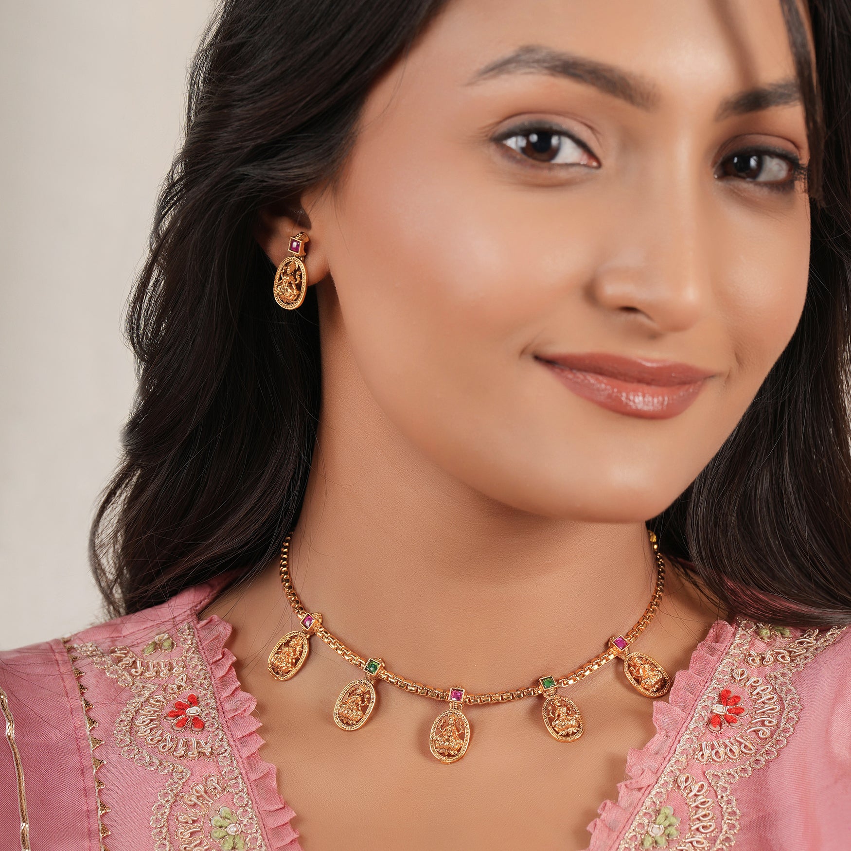 Elegant maa lakshmi multicolor stone neckalce set I Temple Jewellery