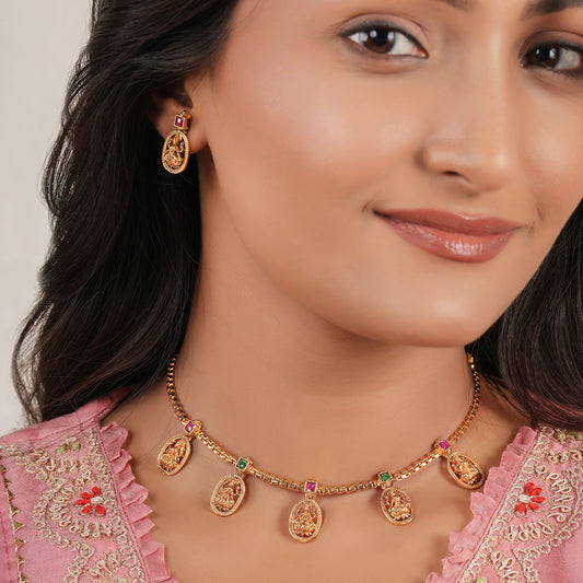 Elegant maa lakshmi multicolor stone neckalce set I Temple Jewellery