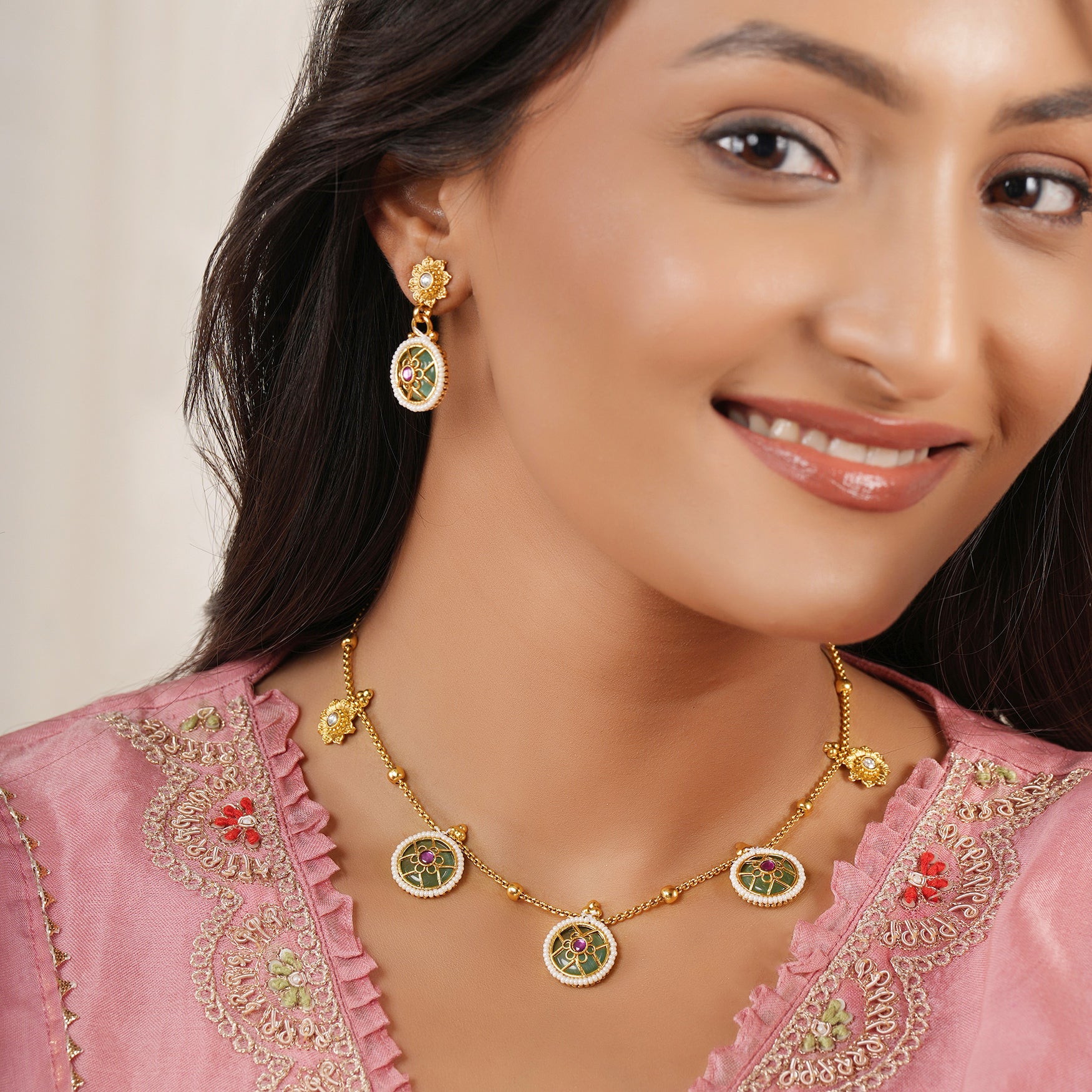 Stunning gold plated charm stone necklace set