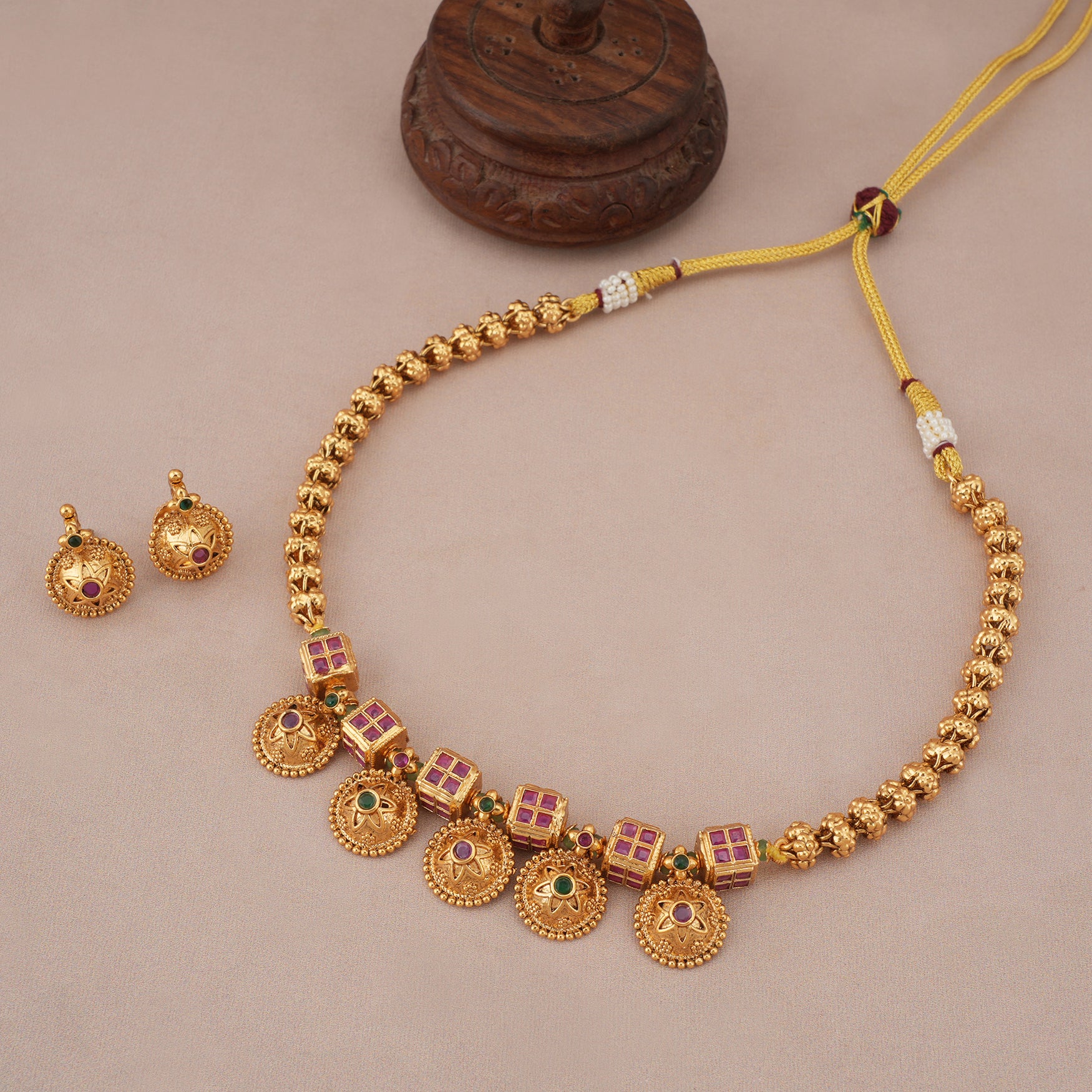 Beautiful ruby embedded antique gold necklace set