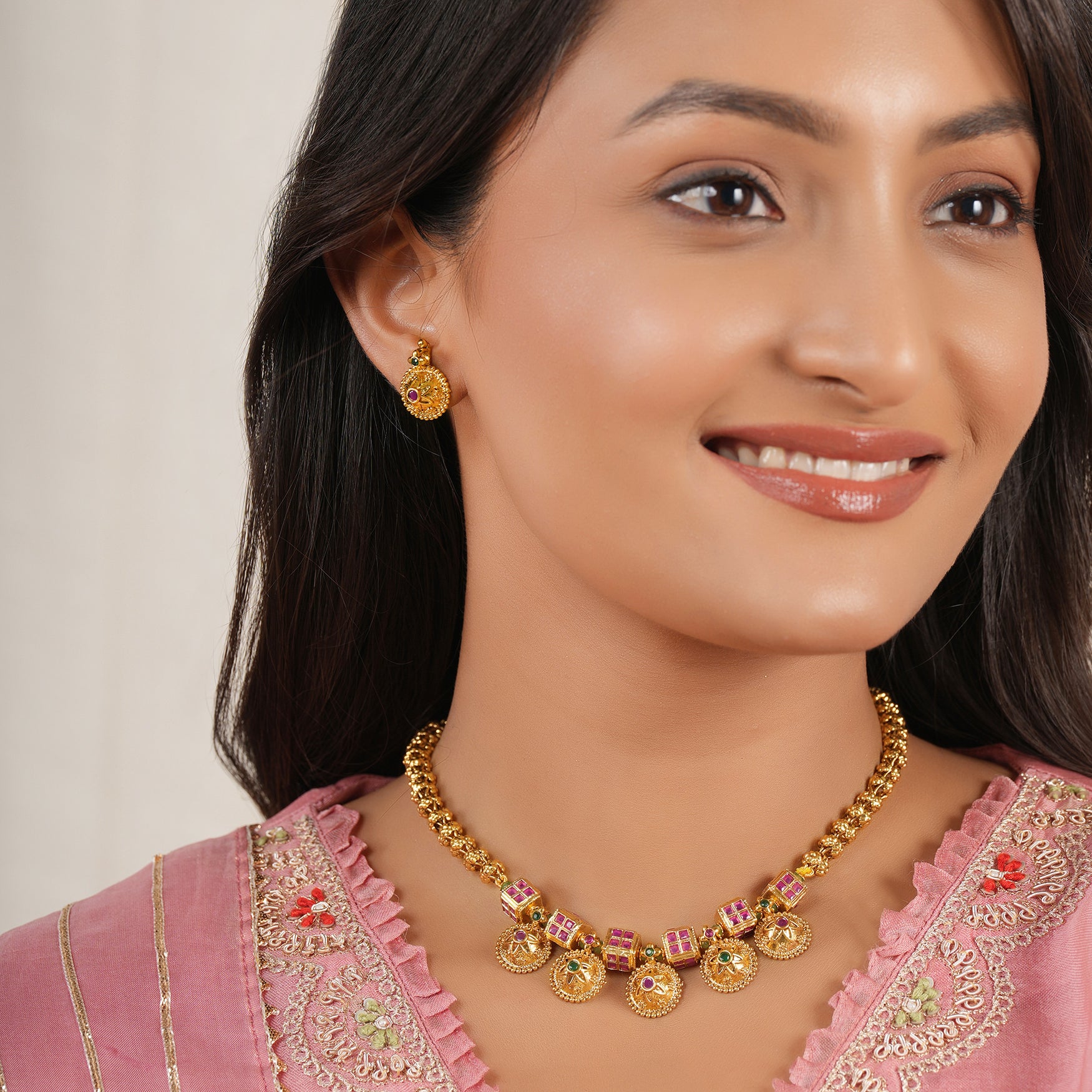 Beautiful ruby embedded antique gold necklace set