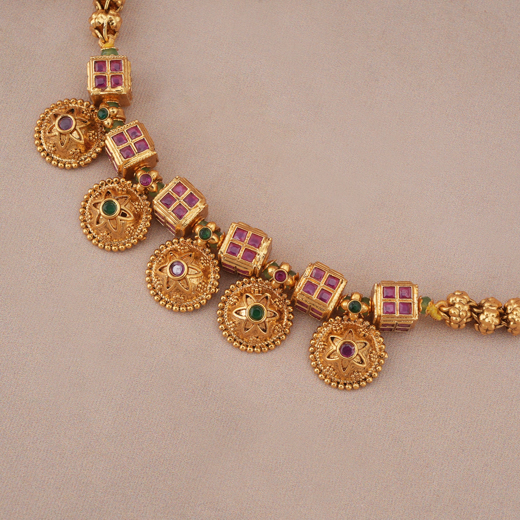 Beautiful ruby embedded antique gold necklace set