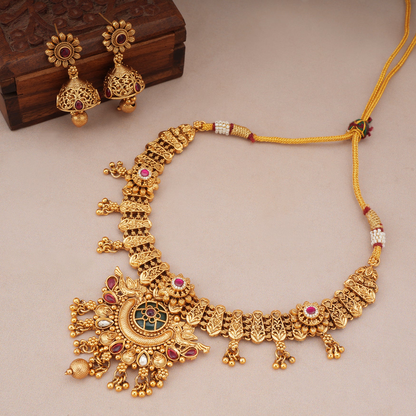 Stunning antique gold heritage peacock necklace set
