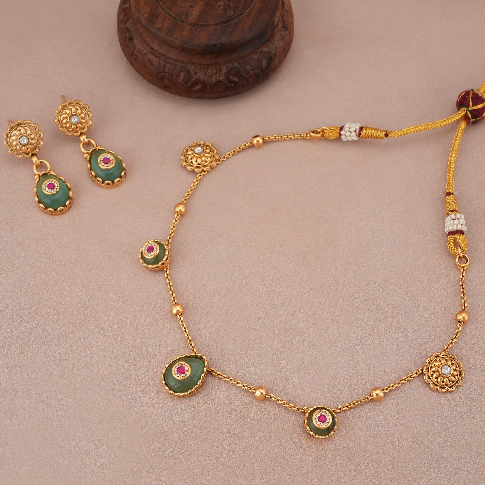 Gold plated nazakat panna drop necklace set