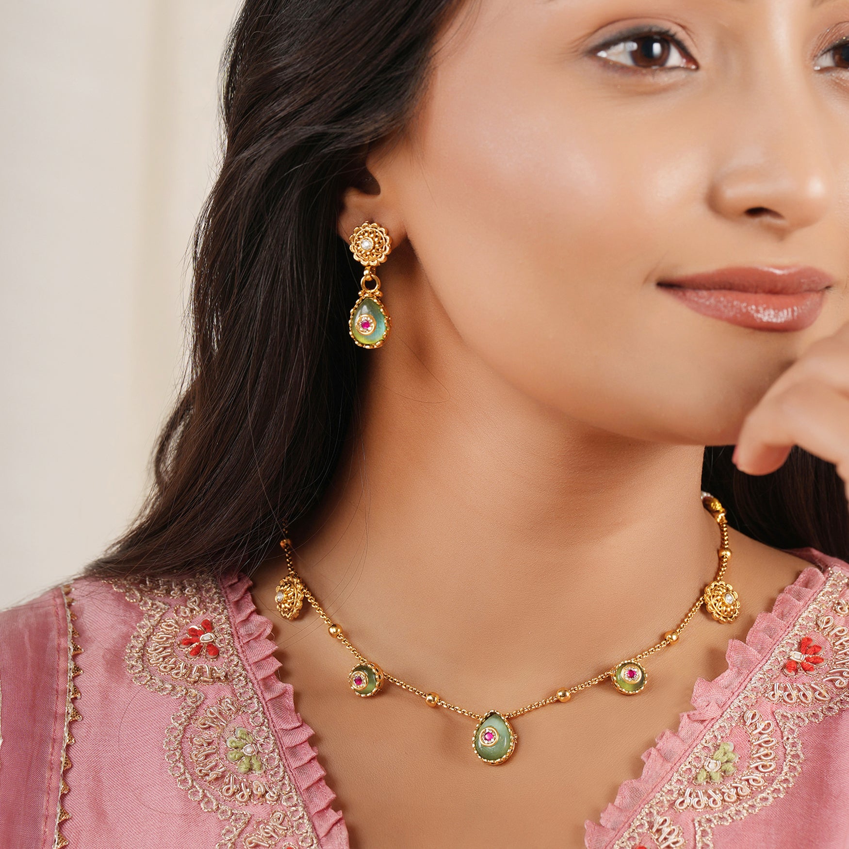 Gold plated nazakat panna drop necklace set