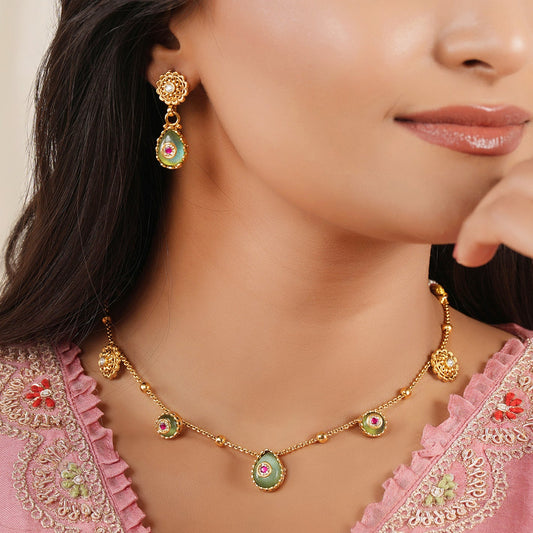 Gold plated nazakat panna drop necklace set