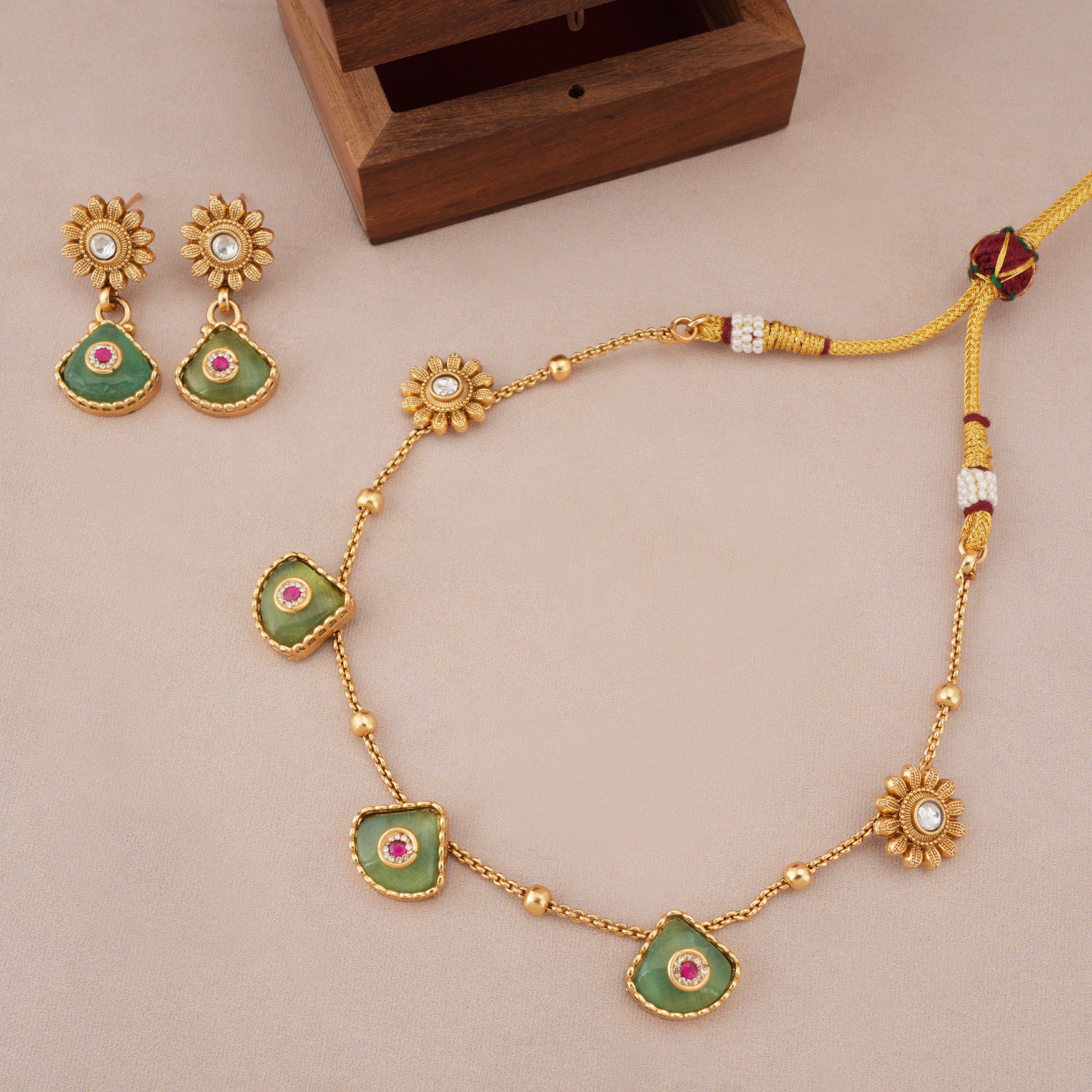 Gold plated ruhani panna drop necklace set