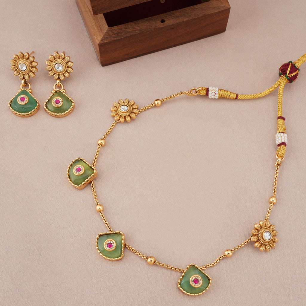 Gold plated ruhani panna drop necklace set