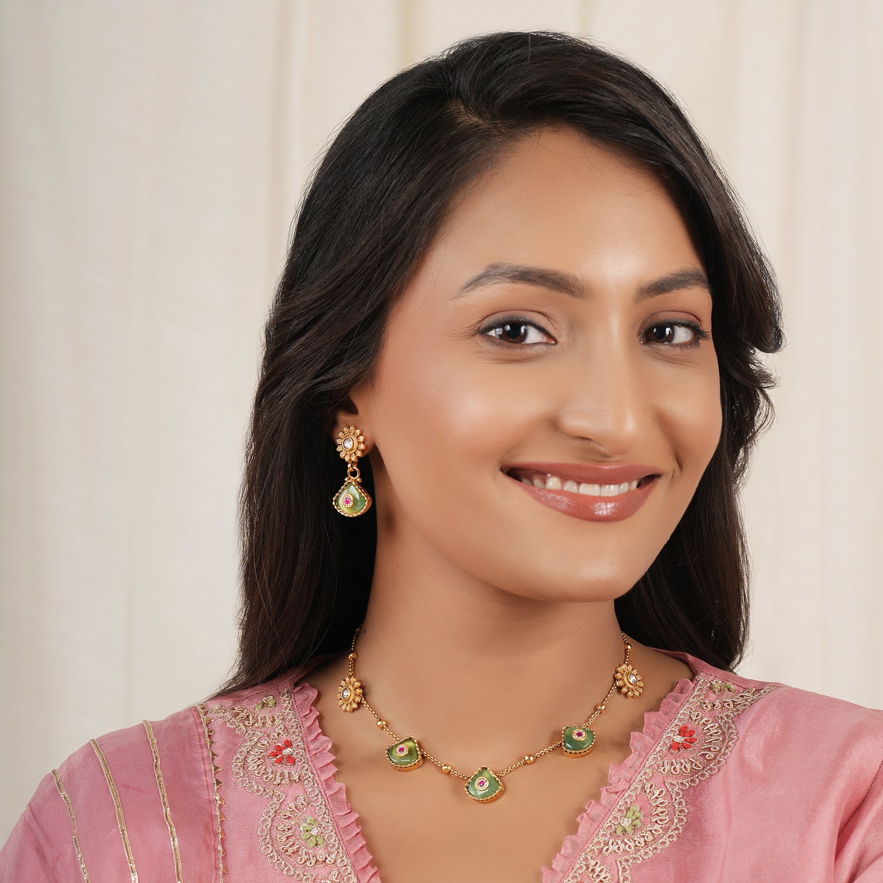 Gold plated ruhani panna drop necklace set