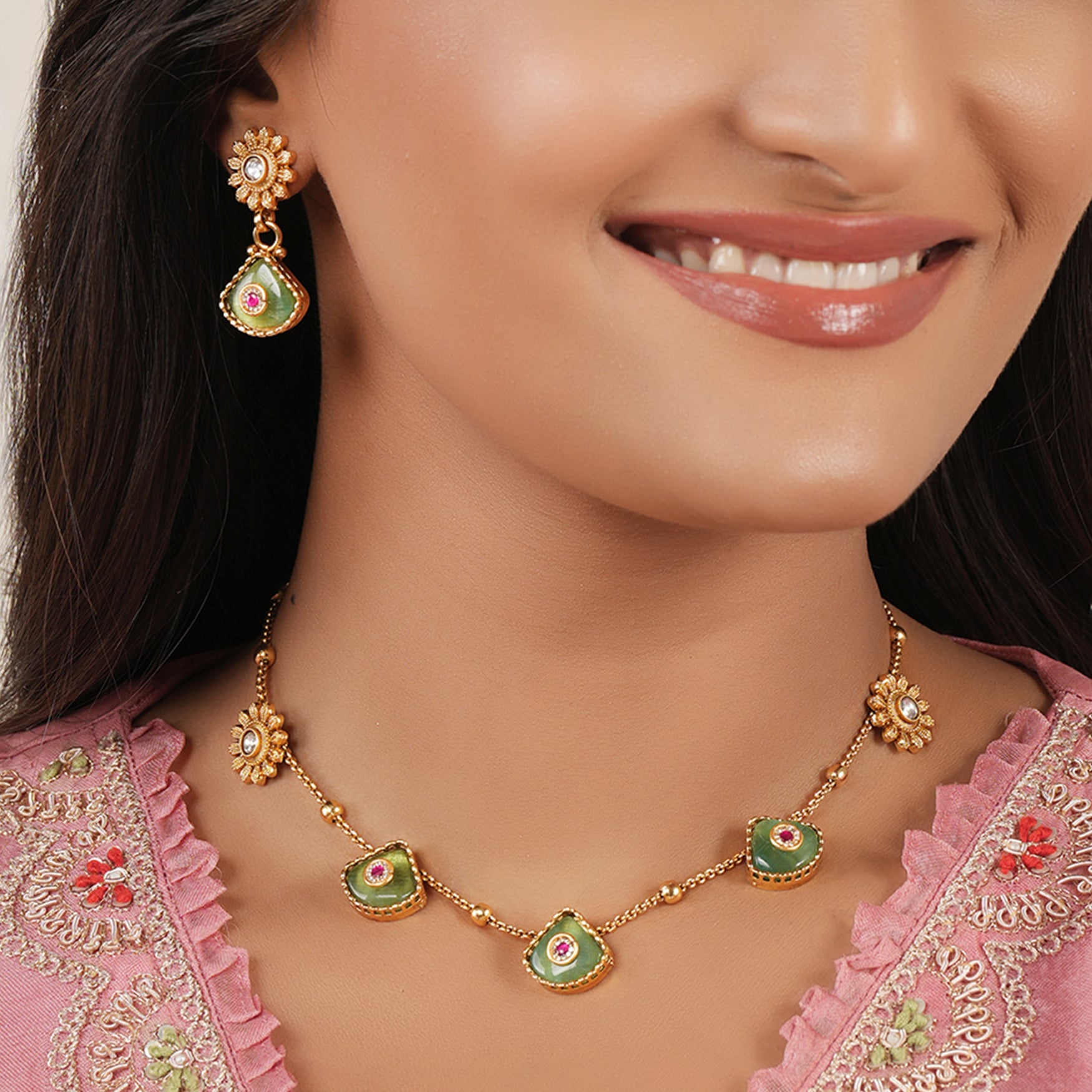 Gold plated ruhani panna drop necklace set