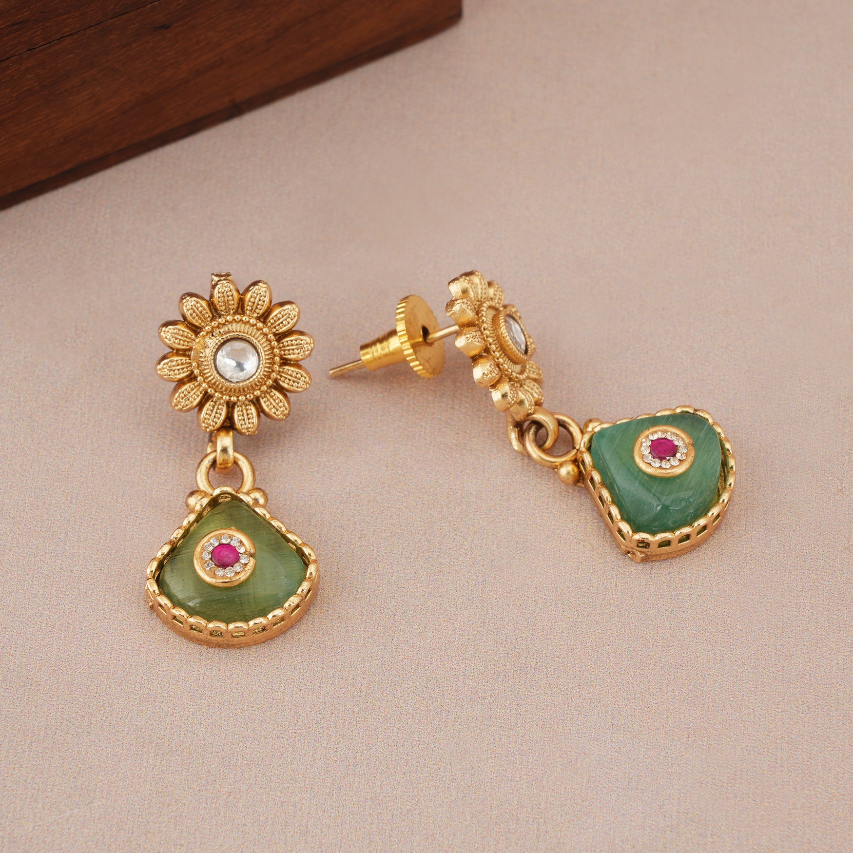 Gold plated ruhani panna drop necklace set