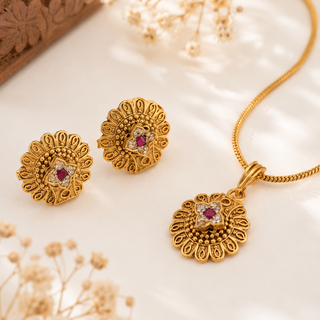 Beautiful floral stone antique gold pendant set