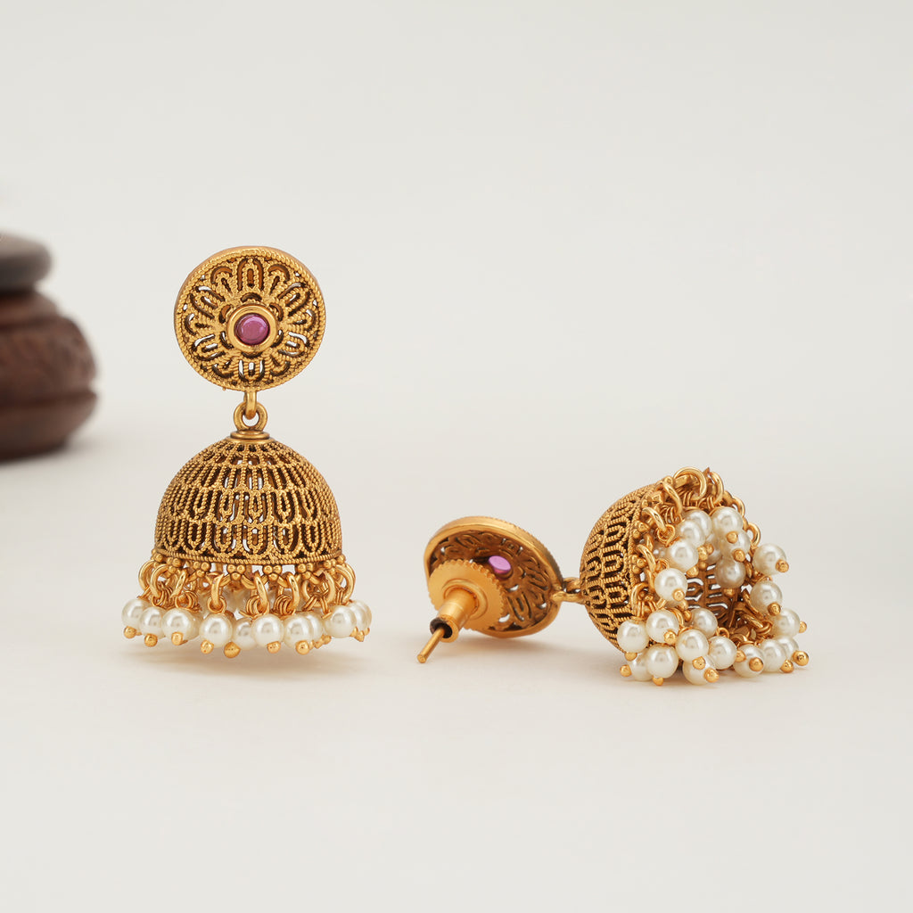 Beautiful pearl drop gold jhumka earring