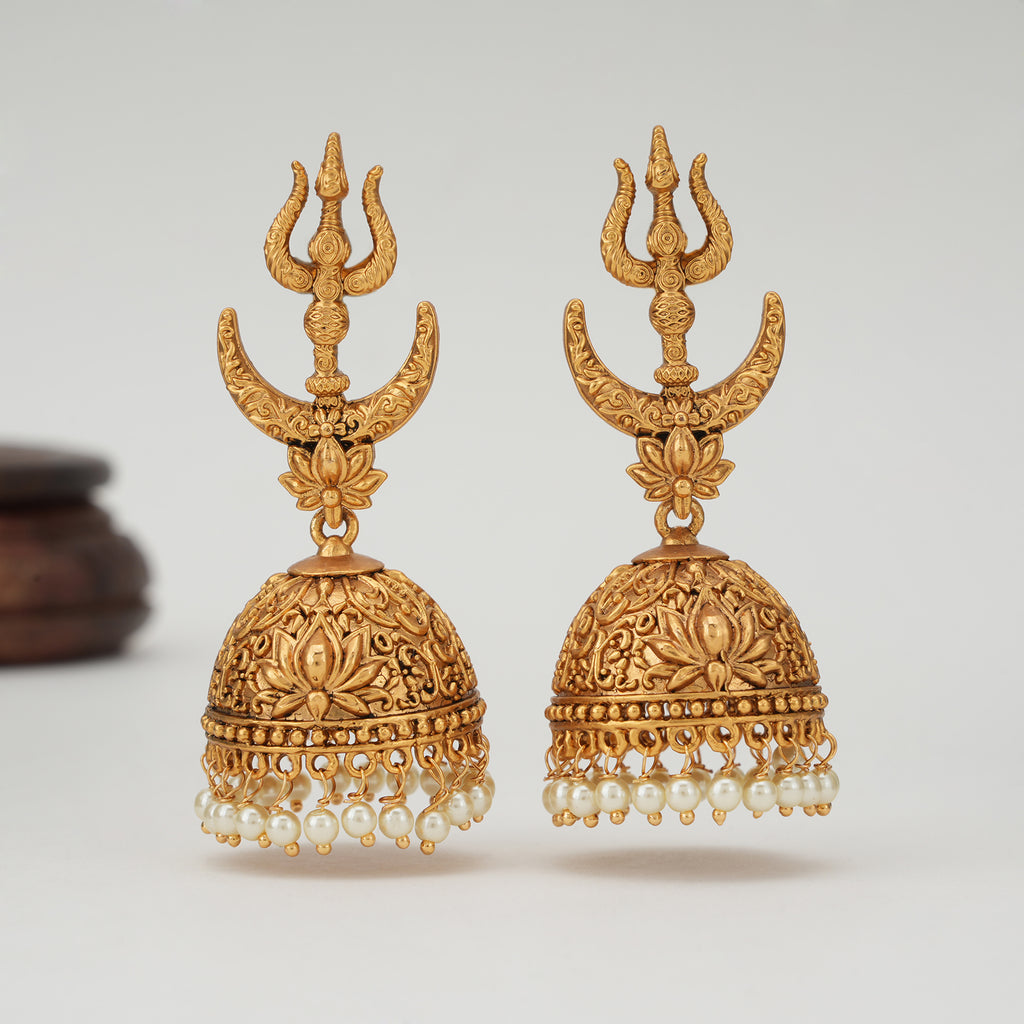 Long antique gold trishul jhumka earring